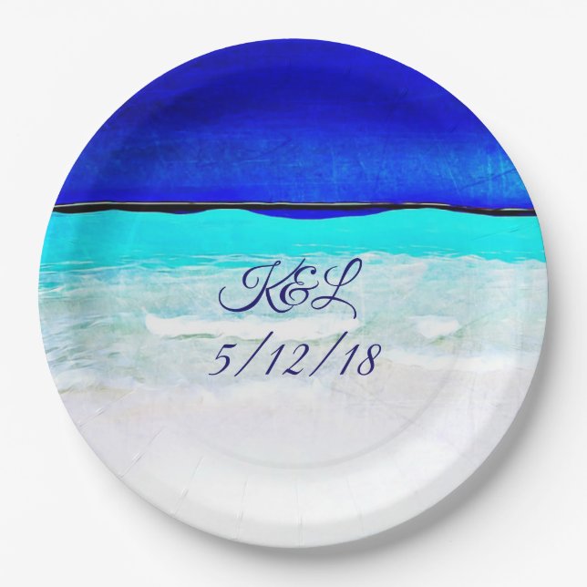 Personalized Wedding Blue Ocean Sandy Beach Plates (Front)
