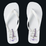 Personalized Wedding Bridal Party Flip Flops<br><div class="desc">Flip flops feature an original marker illustration of a tiered wedding cake with frosting and purple flowers. Simply personalize with your initials!</div>