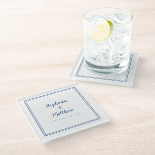 Personalized Wedding Bride & Groom Blue White Glass Coaster