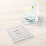 Personalized Wedding Bride & Groom Coral White Glass Coaster<br><div class="desc">The newlyweds are certain to love this simple, minimalist and chic footed glass wedding coaster features a modern design with a double framed border in sophisticated living coral on a crisp white background. This modern simple design provides timeless, classic sophistication. Personalize names of couple and event date in coral lettering...</div>