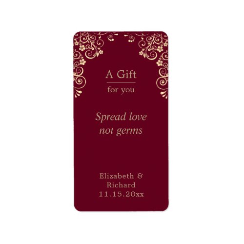 Personalized Wedding Burgundy Gold Hand Sanitizer Label