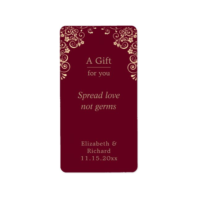 Personalized Wedding Burgundy Gold Hand Sanitizer Label (Front)