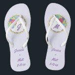 Personalized Wedding Cake Bridal Party Flip Flops<br><div class="desc">Flip-flops feature an original marker illustration of a wedding cake topped with pastel-colored icing roses. Simply personalize with your name and date information for a unique wedding favor or bridesmaid gift!</div>