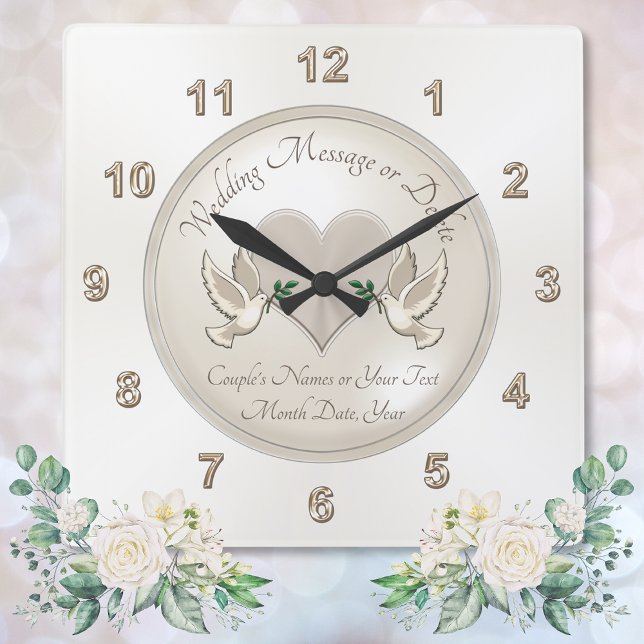 Personalized Wedding Clock Love Bird Wedding Gifts (Elegant, Love Birds and Heart, personalized wall clock wedding gift. for bride and groom. Clock.)