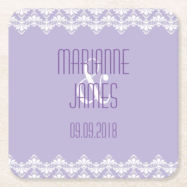 Personalized Wedding Coaster Lilac Purple Damask (Front)