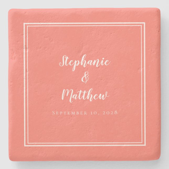 Personalized Wedding Coral White Minimalist Design Stone Coaster (Front)