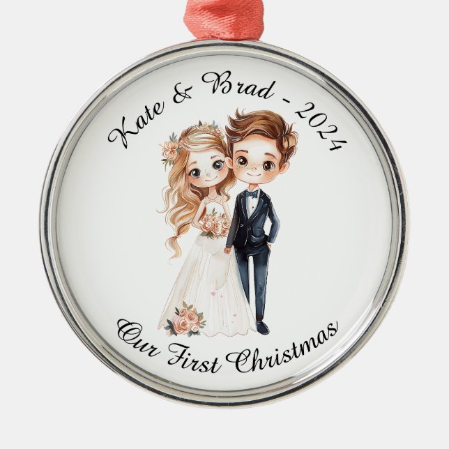 Personalized Wedding Couple, Our First Christmas Metal Ornament (Front)