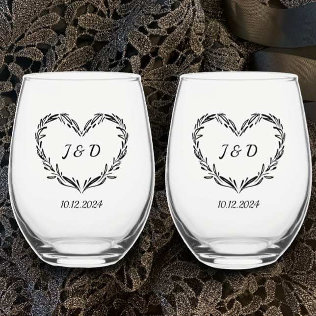 Personalized Wedding Couple's Initials Monogram   Stemless Wine Glass (Personalize these hand drawn heart unique custom glasses with couples initials and date monogram 
)