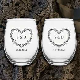 Personalized Wedding Couple's Monogram Heart  Stemless Wine Glass
