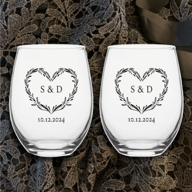 Personalized Wedding Couple's Monogram Heart  Stemless Wine Glass (Couples monogram keepsake glasses. Hand drawn heart, modern custom text date botanical unique gift
)