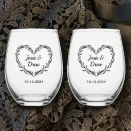 Personalized Wedding Couple's Name & Date Heart Stemless Wine Glass