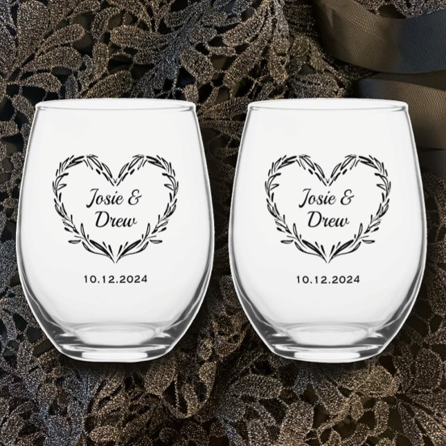 Personalized Wedding Couple's Name & Date Heart   Stemless Wine Glass (Add couple’s names and celebration date for unique personalized romantic heart stemless wine glasses)