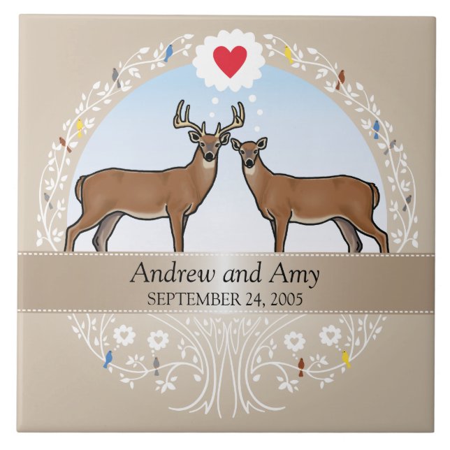 Personalized Wedding Date Anniversary, Deer Ceramic Tile (Front)