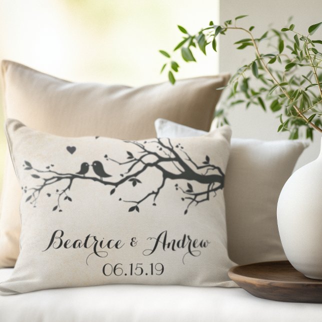 Personalized Wedding Date Anniversary Love Birds Decorative Pillow (Creator Uploaded)