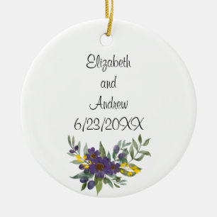 Personalized Wedding Date Purple Yellow Floral Ceramic Ornament