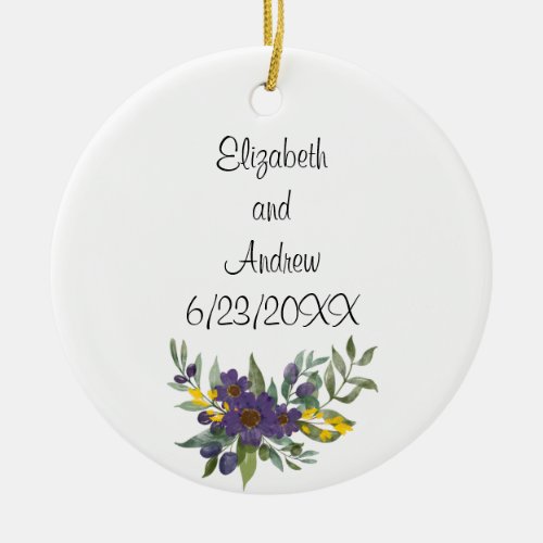 Personalized Wedding Date Purple Yellow Floral Ceramic Ornament