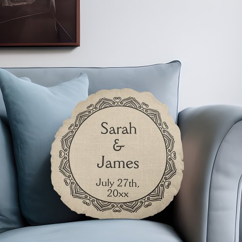 Personalized Wedding Details with Ornamental Frame Round Pillow