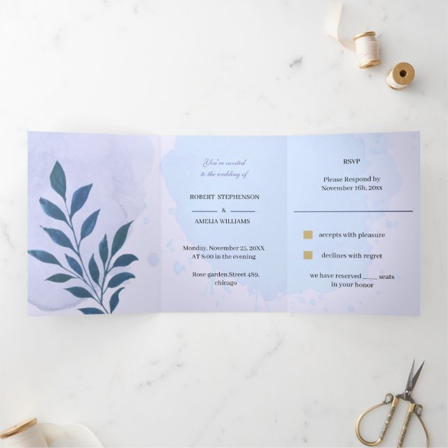 Personalized Wedding Elegan Blue Aesthetic Tri-Fold Invitation (Inside)