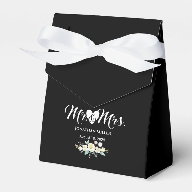 Personalized  Wedding Elegant Black White Floral Favor Boxes (Front Side)