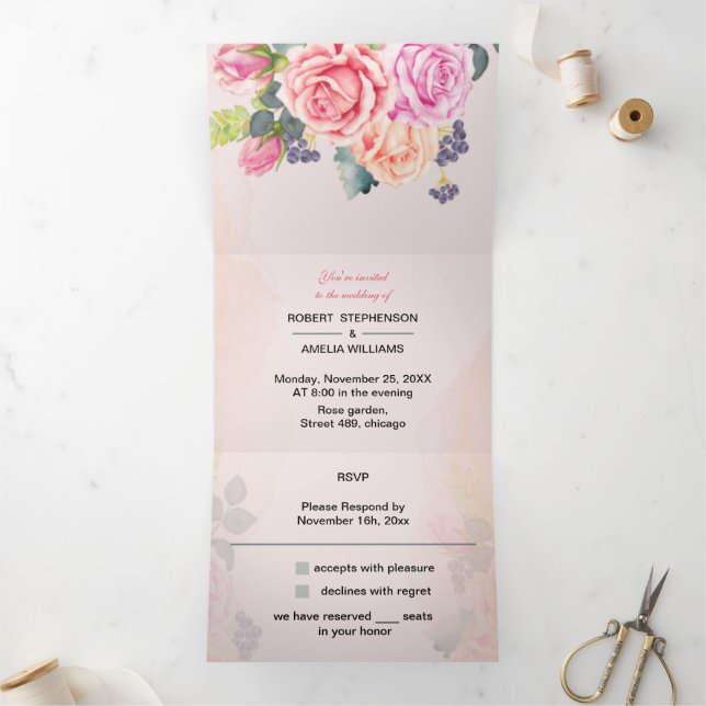 Personalized Wedding Elegant Rose Flower Tri-Fold Invitation (Inside)