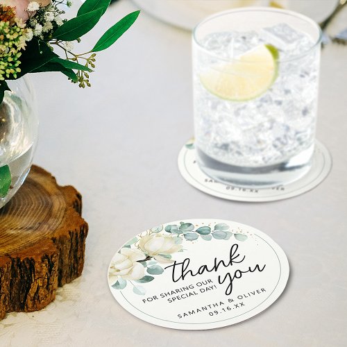 Personalized Wedding Favor Magnolia Eucalyptus Round Paper Coaster