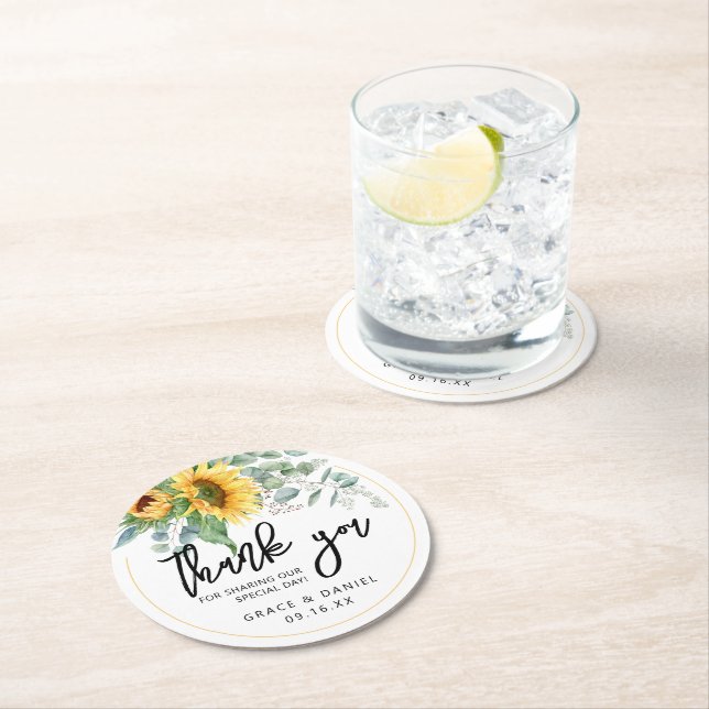 Personalized Wedding Favor Sunflower Greenery Round Paper Coaster (Insitu)