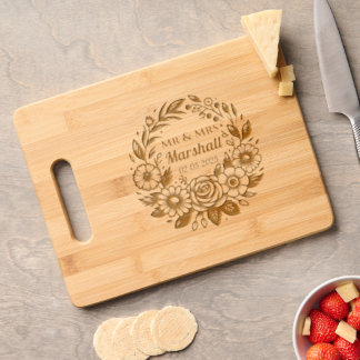 Personalized Wedding Floral frame with surname Engraved Cutting Board