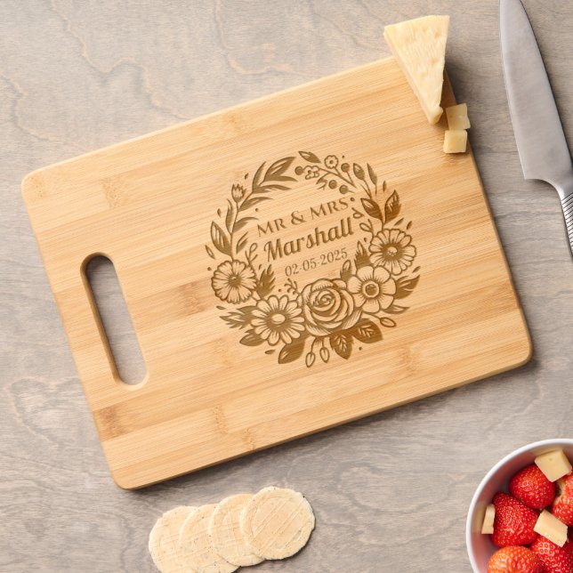 Personalized Wedding Floral frame with surname Engraved Cutting Board (Cheese)
