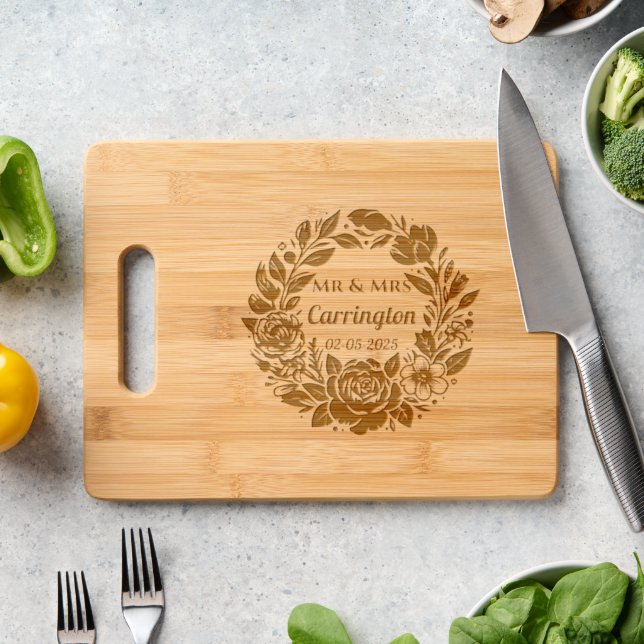Personalized Wedding Floral Wreath with surname Engraved Cutting Board (Kitchen Counter)