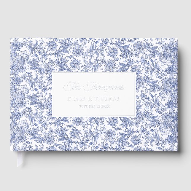 Personalized Wedding French Toile Blue Floral Foil Guest Book (Front)