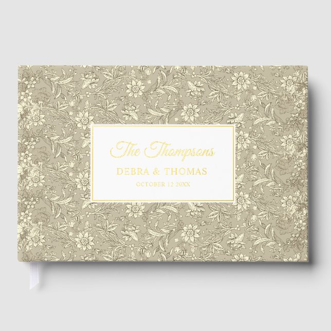 Personalized Wedding French Toile Gold Floral Foil Guest Book (Front)