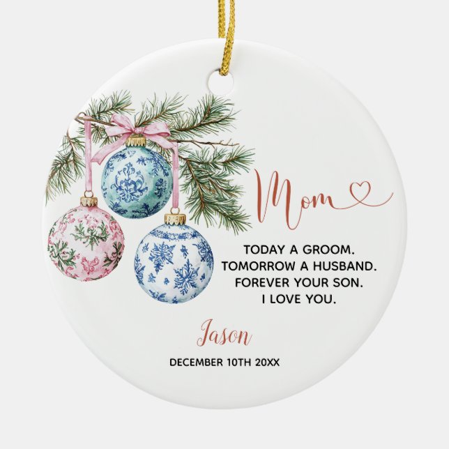 Personalized Wedding Gift Mom of Groom Christmas Ceramic Ornament (Front)