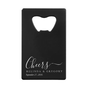 Personalized Wedding Gifts Black White Cheers Credit Card Bottle Opener