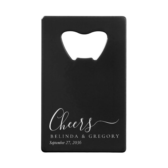 Personalized Wedding Gifts Black White Cheers Credit Card Bottle Opener (Front)
