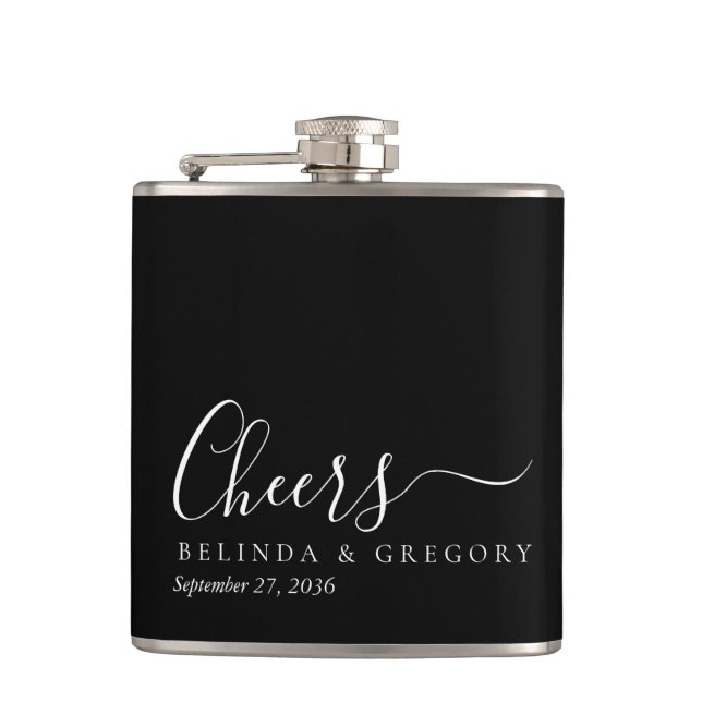 Personalized Wedding Gifts Black White Cheers Flask (Front)
