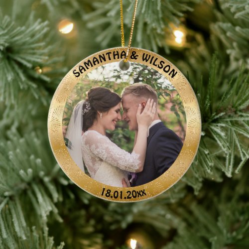 Personalized Wedding | Glittery Gold Background Ceramic Ornament