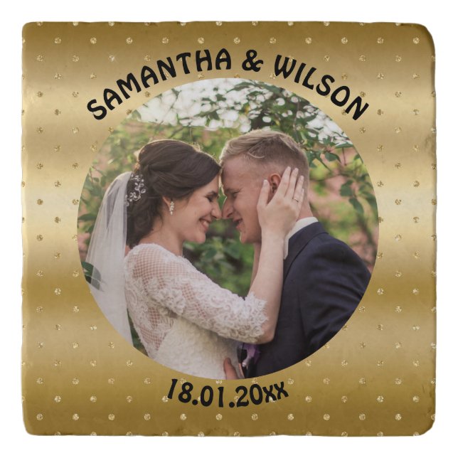  Personalized Wedding | Glittery Gold Background Trivet (Front)