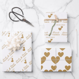 Personalized Wedding Gold Hearts Wrapping Paper Sheets