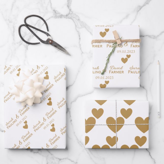 Personalized Wedding Gold Hearts Wrapping Paper Sheets (Front)