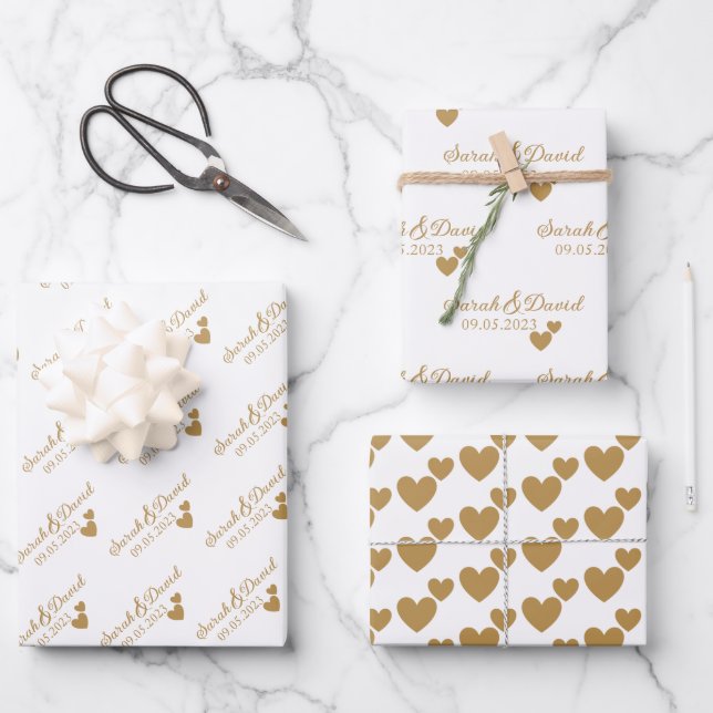 Personalized Wedding Gold Hearts Wrapping Paper Sheets (Front)