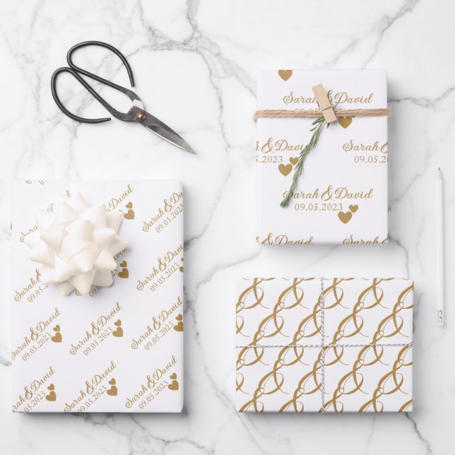 Personalized Wedding Gold Hearts Wrapping Paper Sheets (Front)