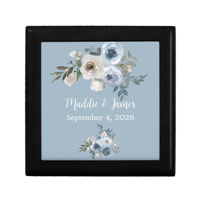 Personalized Wedding Gray Blue Floral Keepsake Box (Front)