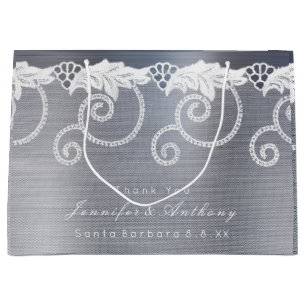 Personalized Wedding Gray Graphite White Lace Large Gift Bag