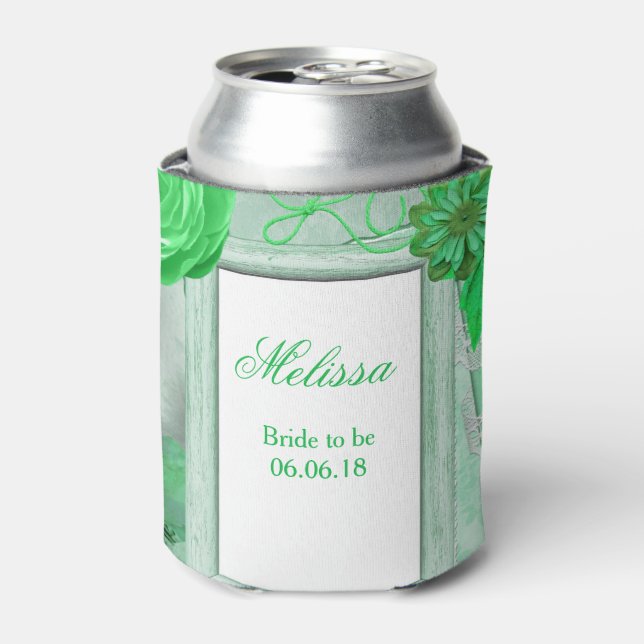 Personalized Wedding Green Floral Can Cooler (Can Front)