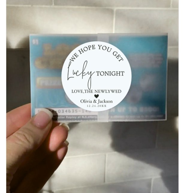 Personalized Wedding Lottery Ticket Couple Name Classic Round Sticker (Modern personalized wedding lottery ticket bride groom name with date sticker)