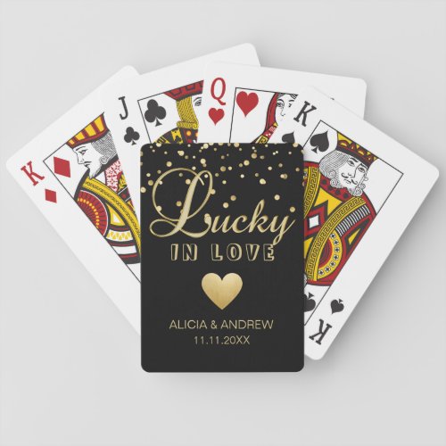 Personalized Wedding LUCKY IN LOVE Gold Black Playing Cards