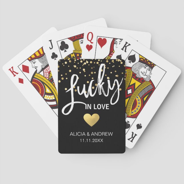 Personalized Wedding LUCKY IN LOVE Gold Black Poker Cards (Back)