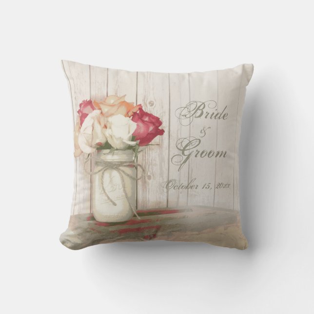 Personalized Wedding Mason Jar Roses Throw Pillow (Front)