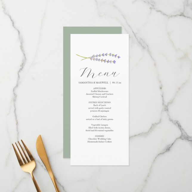 Personalized Wedding Menu Cards Lavender & Sage (Front/Back In Situ)