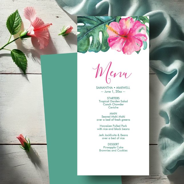 Personalized Wedding Menu Cards Tropical Hibiscus (Wedding menu cards watercolor hibiscus flower & palm leaves by Victoria Grigaliunas DoTellABelle)